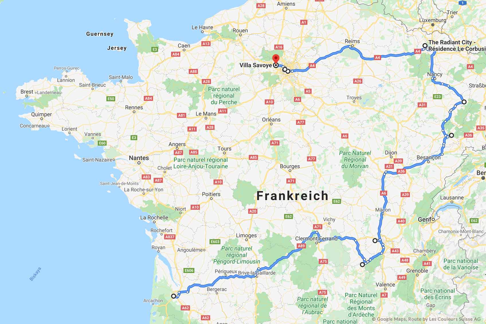 Proposition de route Le Corbusier de Les Couleurs Suisse AG Source Google Maps