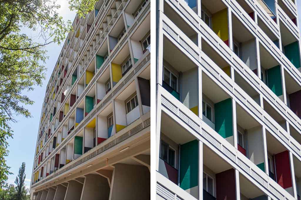 [Translate to FR:] [Translate to EN:] Corbusierhaus Berlin; Fassade mit farbiger Brise-Soleil